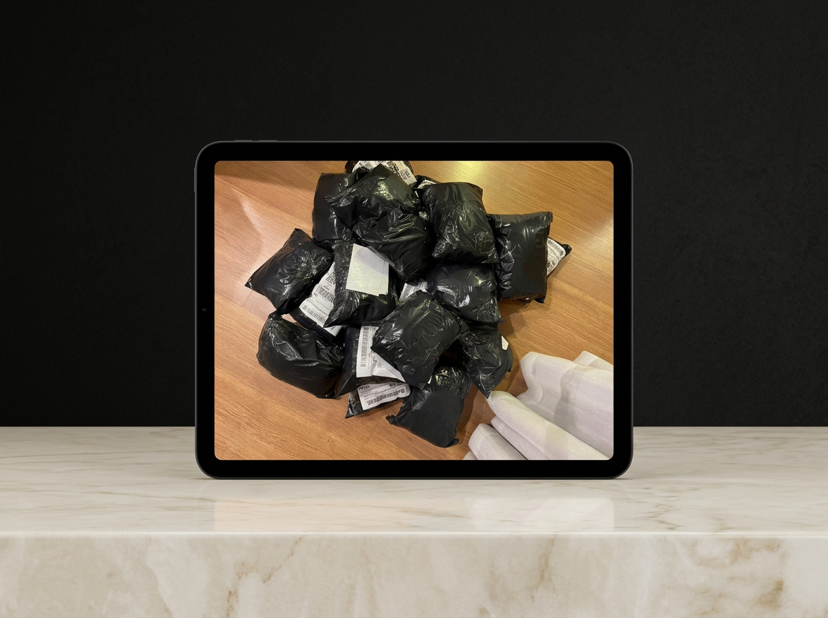 Tablet exibindo a foto de uma pilha de pacotes preparados por uma aluna para envio