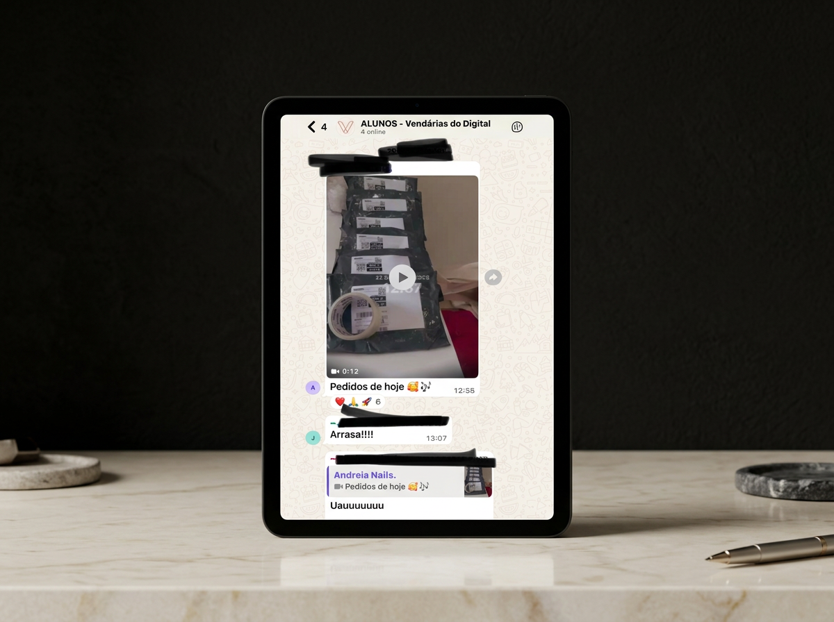 Tablet exibindo o print dos pedidos do dia embalados por uma aluna, com a legenda Pedidos de hoje