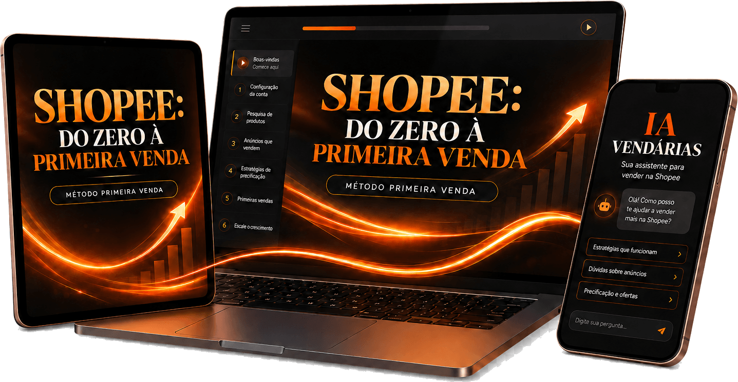 Método Primeira Venda no notebook e tablet ao lado da IA Vendárias no celular