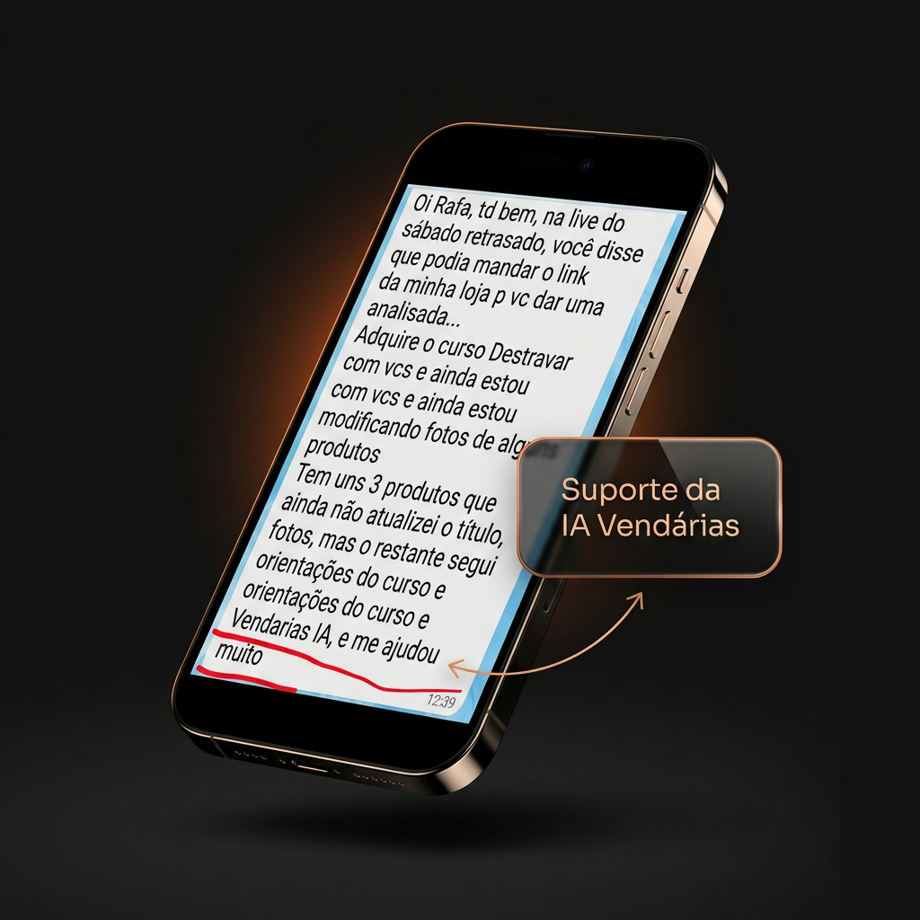 Celular exibindo a conversa de uma aluna elogiando o apoio da IA Vendárias